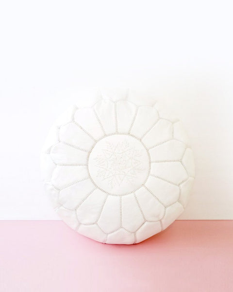 WHITE LEATHER MOROCCAN POUF - yasmarhandicrafts