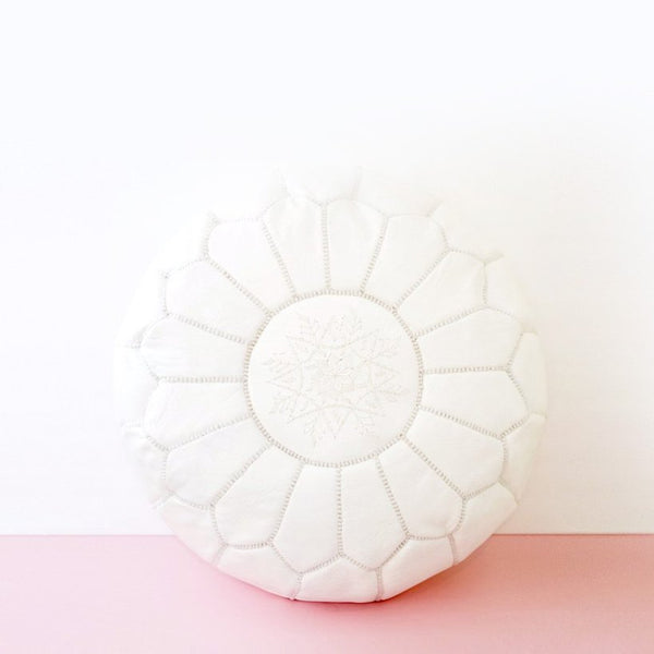 WHITE LEATHER MOROCCAN POUF - yasmarhandicrafts